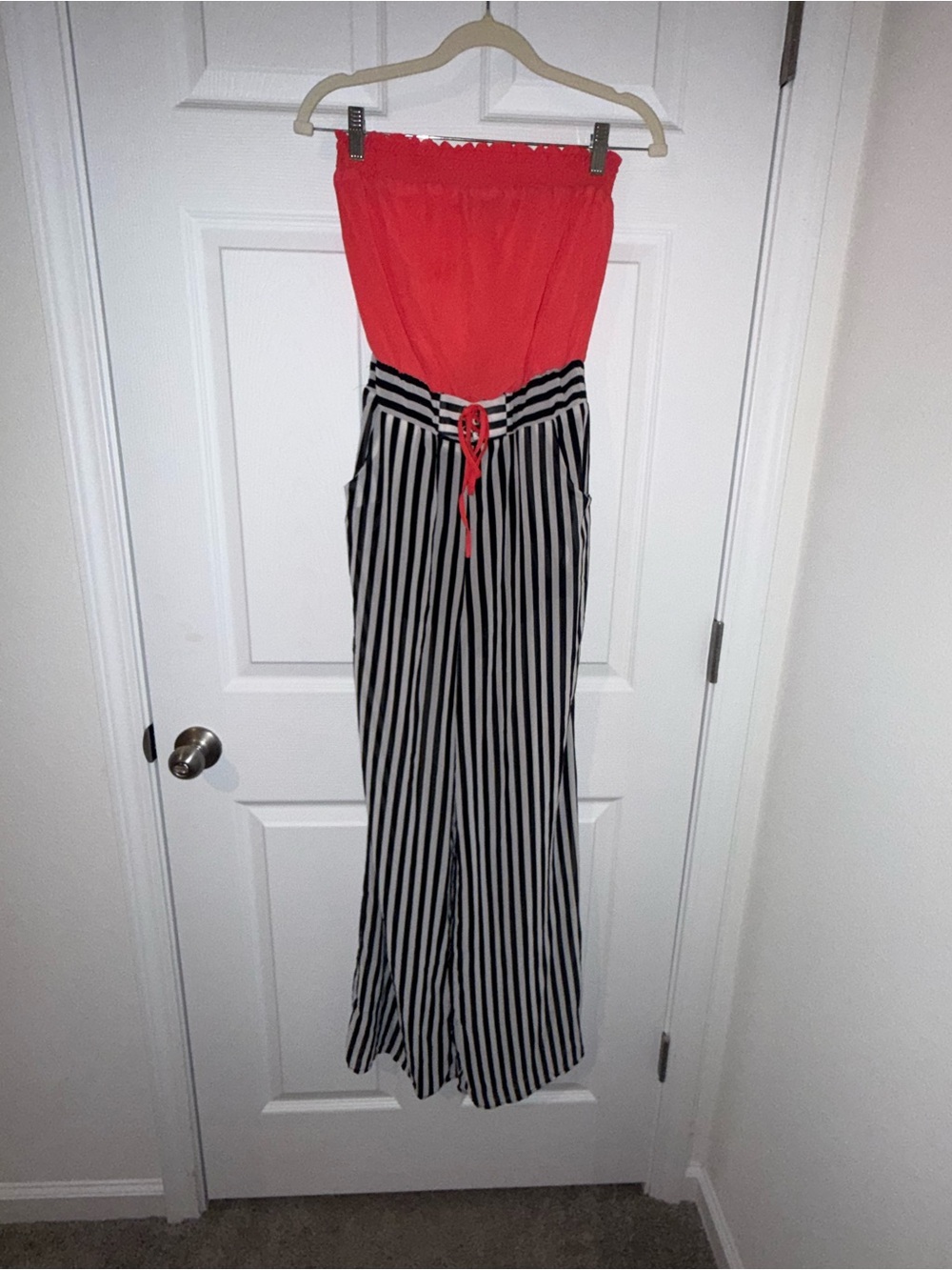 Marianne Strapless Jumpsuit M Coral Black White Stripe Wide Leg